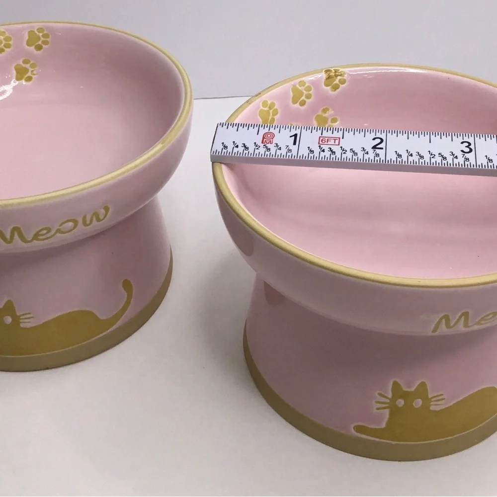 2 Signature Meow Stoneware Cat Body Pet Elevated Bowls Dishes Combo New